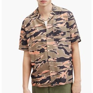Men’s AllSaints Short-Sleeve Camo Button-Up Shirt — Olive & Coral size L
